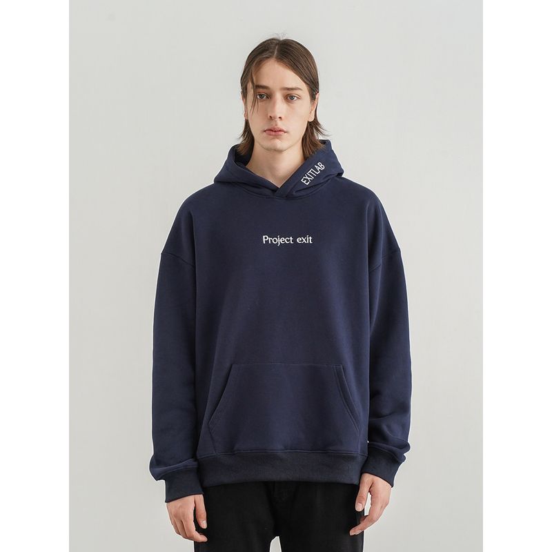 Black of Exit National Trend Basic Embroidered Loose Hooded Sweatshirt for Men and Women High Street Design Fleece Hoodie