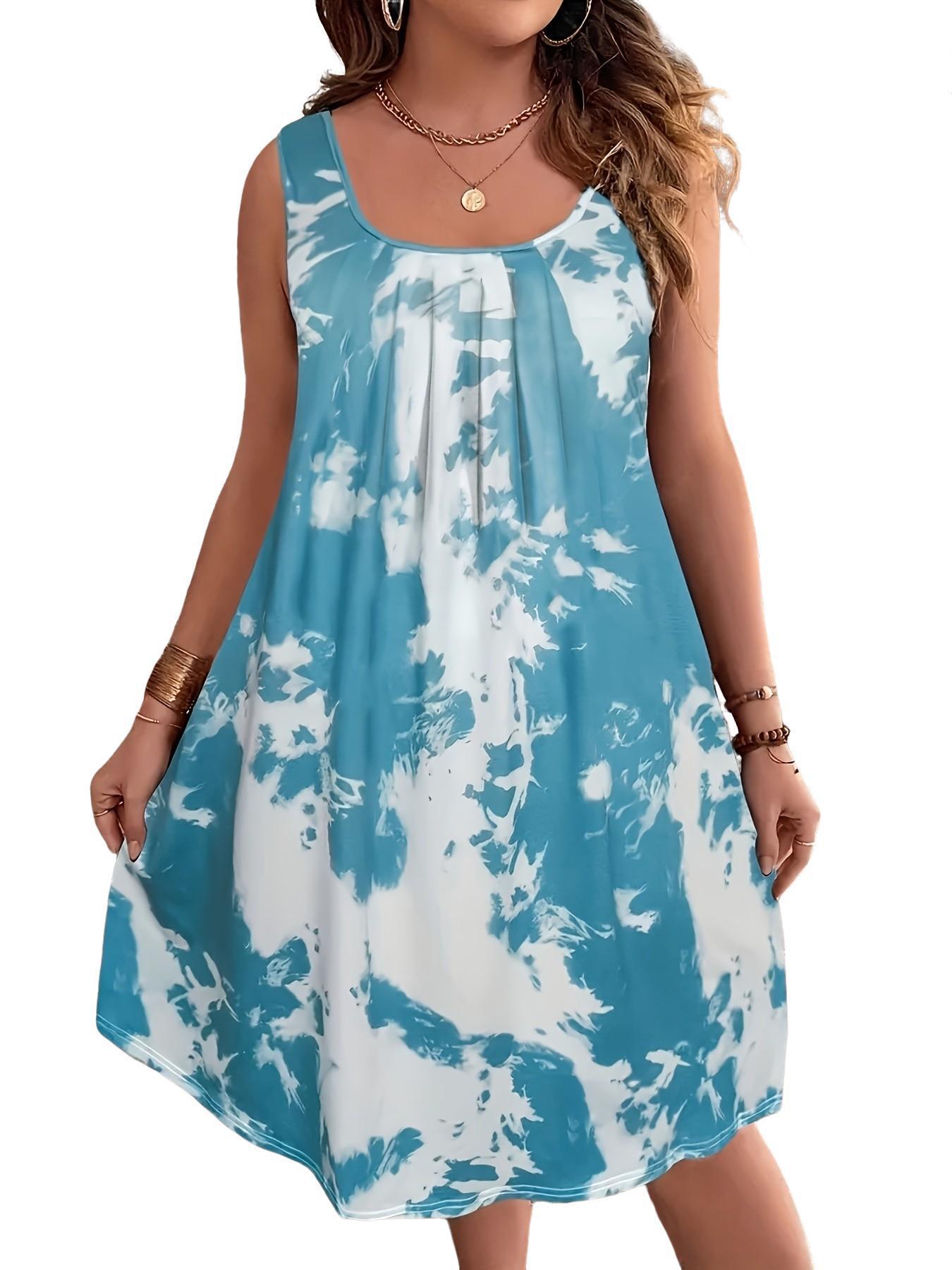 

Plus Size Tie-Dye Vest Dress: Belly-Hiding, Slimming, Three Fashionable Colors 4XL синій