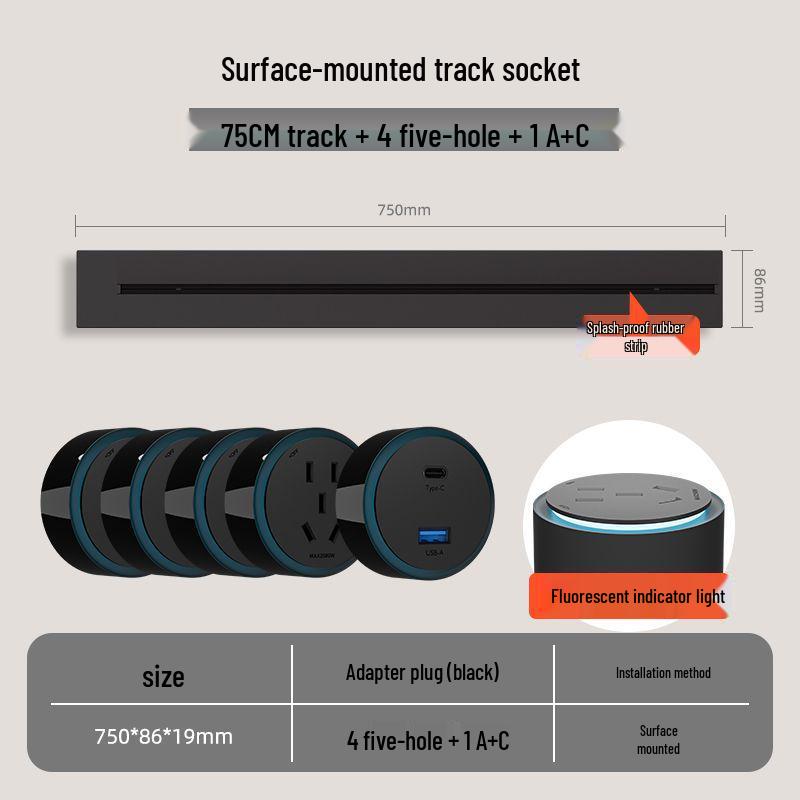 Movable Surface-Mounted Wireless Track Socket for Kitchen Island