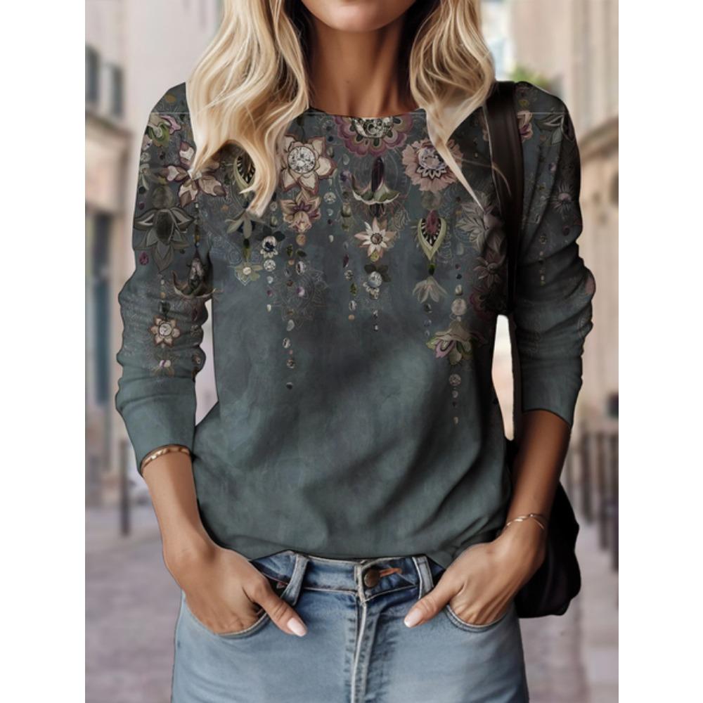 Damen T-Shirts mit Blumenmuster 3D-Druck Tops O-Ausschnitt Lässiger Pullover Langarm Y2K Kleidung für Mädchen Mode Sweatshirt