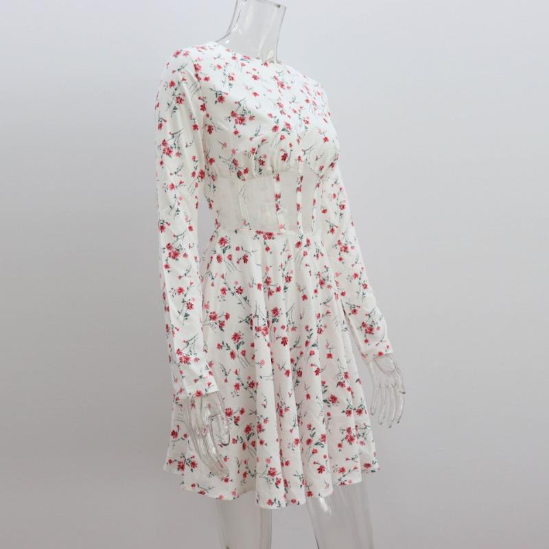 Women's Long Sleeved Summer Round Neck Floral Dress Sexy Mesh Hollow Out Short Skirt Hollow Out Patchwork Dress