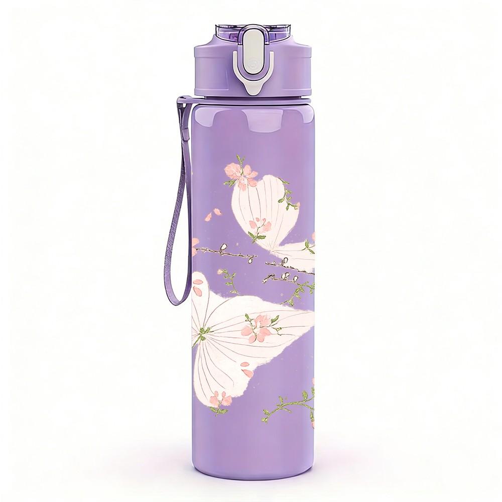 1PC Soft Pink Cherry Blossom Floral Print 750ml Color Plastic Sports Water Bottle Leakproof Flip Straw Lid Suitable for Sports Office Home Use