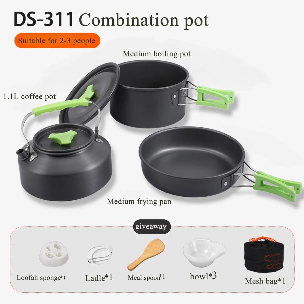 Outdoor Camping Cookware,Aluminum Alloy Cooking Set, Portable with Cooking Pot, Frying Pan Kettle, Plastic Bowl, Spoon, Dropship