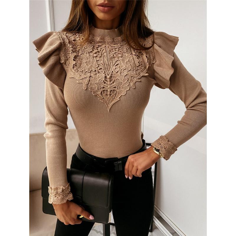 Women's New Autumn and Winter Long-sleeved Round Neck Lace Decoration Solid Colour Bottoming Shirt