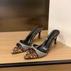 Mode Leopard High Heels Kristall Hausschuhe Damen Spitz Zehen Sandalen Schuhe 2025 Sommer Trend Offene Zehen Pumps Sexy Kleid Übergröße Pantoletten