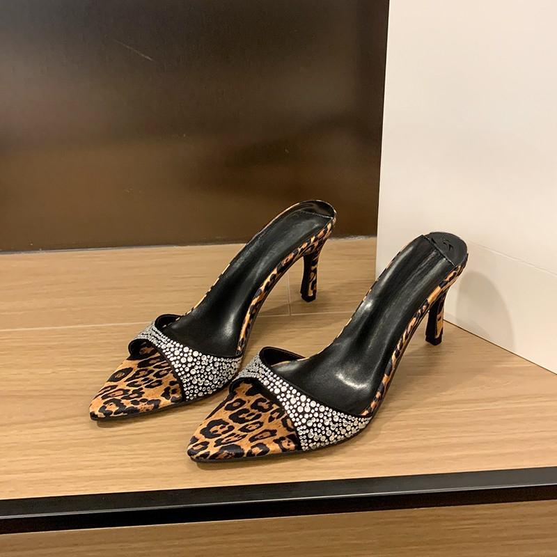 Fashion Leopard High Heels Crystal Slippers Women Pointed Toe Sandals Shoes 2025 Summer Trend Open Toe Pumps Sexy Dress Plus Size Slides