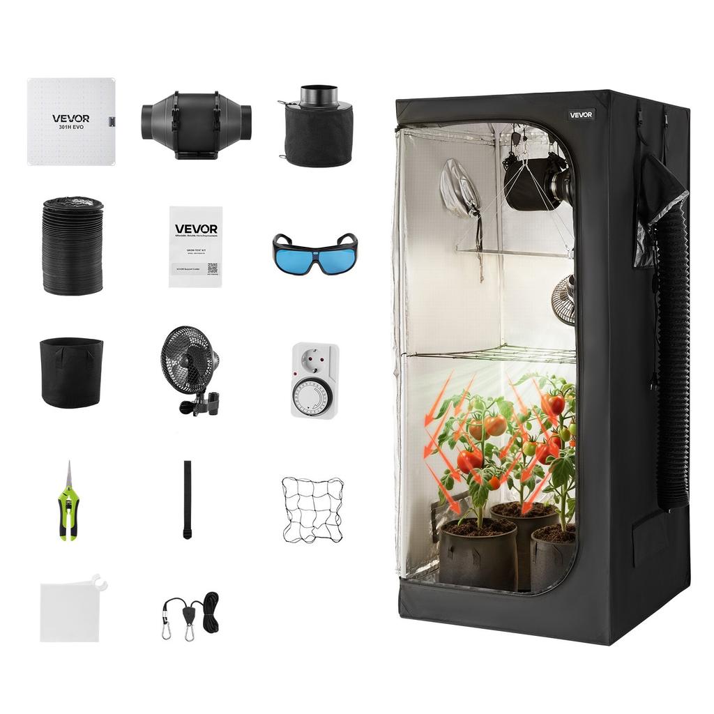VEVOR Indoor Grow Tent Kit, 80 x 80 x 180 cm, Indoor Plant Tent with Full Spectrum LED Grow Light & Ventilation System