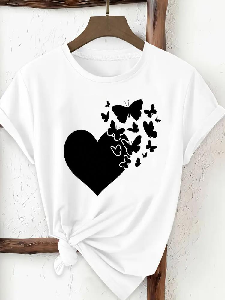 (Asian Size) Print Tee Top Women Woman Fashion Clothing T Shirt  Female Sweet Butterfly Style Short Sleeve Graphic T-shirts