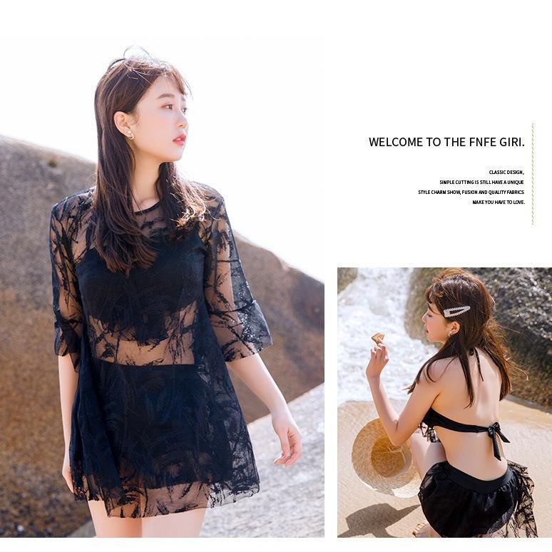 Japanese Lace Split Three-Piece Swimsuit: Women's Sheer Swimwear with Underwire & Chest Pads - Beach Vacation Style.