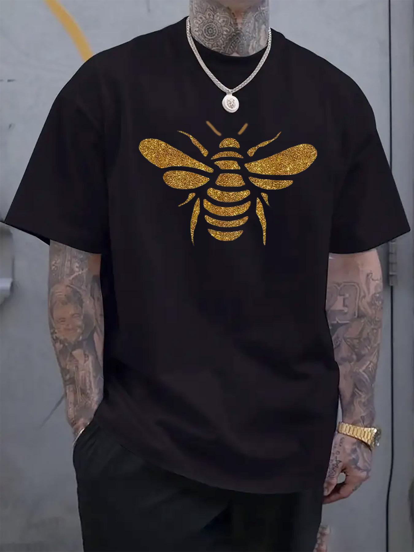 Glitter Bee Graphic T-shirt - Casual Crew Neck Short Sleeve Tee with Golden Bee Print XL