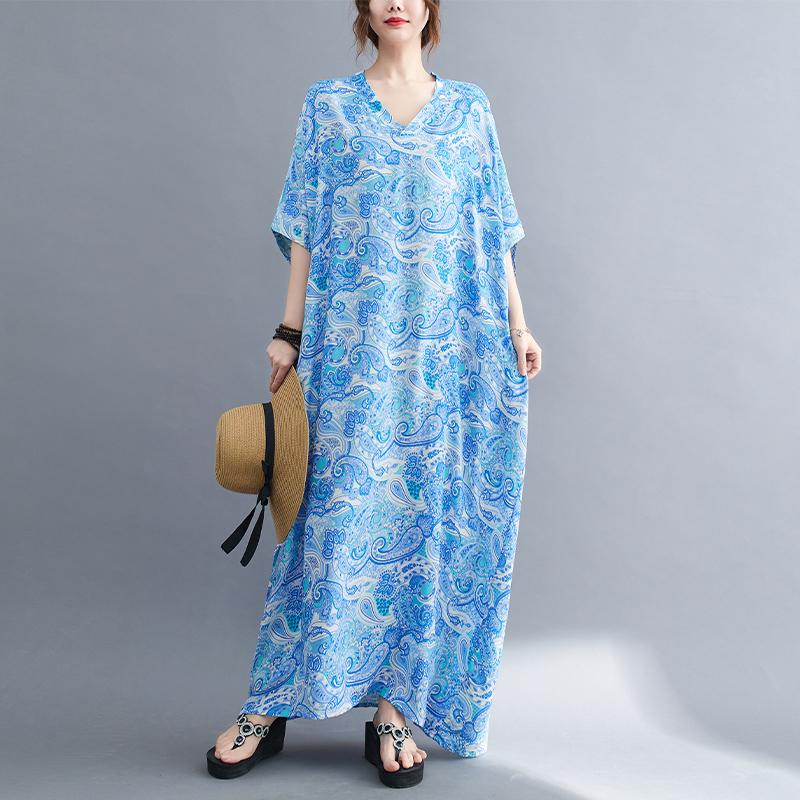 

Женское платье, летнее пляжное платье больших размеров, женское льняное платье с цветами, свободное повседневное длинное платье большого размера синего цвета One Size синий