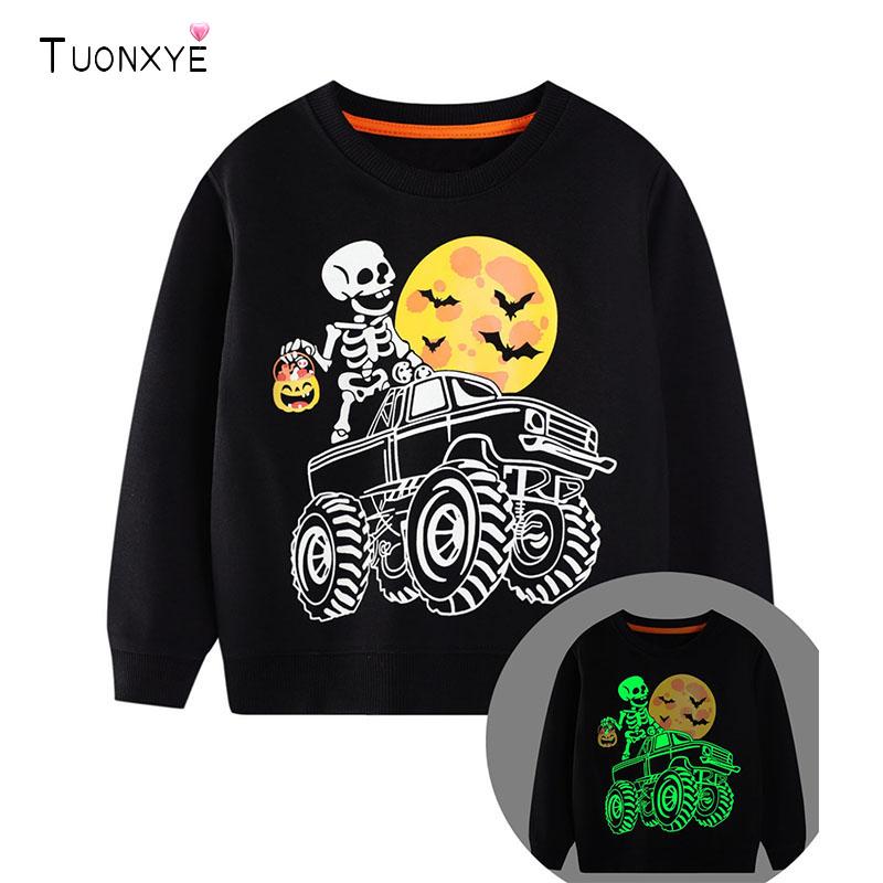 TUONXYE Boys Halloween Glow In The Dark Sweatshirt Kids Skeleton Monster Truck Print Long Sleeve Pullover Children Sport Tops