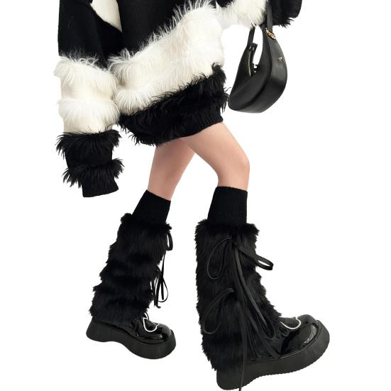Fuzzy Leg Warmers Women Winter Faux Fur Leg Warmers with Bows Fluffy Boot Cuffs Covers for Halloween Xmas Costume Cosplay Parties