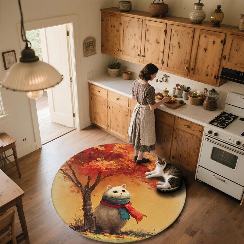 Cat with Leaf Scarf,Round Area Rug,Carpet Rug for Living Room Bedroom Sofa Playroom Decor,Non-slip Floor Mat