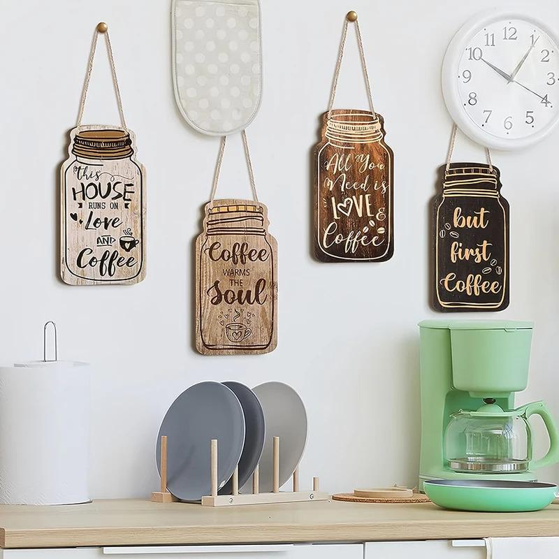 4PCS Vintage Coffee Letter Sign - Rustic Wooden Hanging Plaques for Bar, Restaurant, Kitchen & Farmhouse Wall Decor