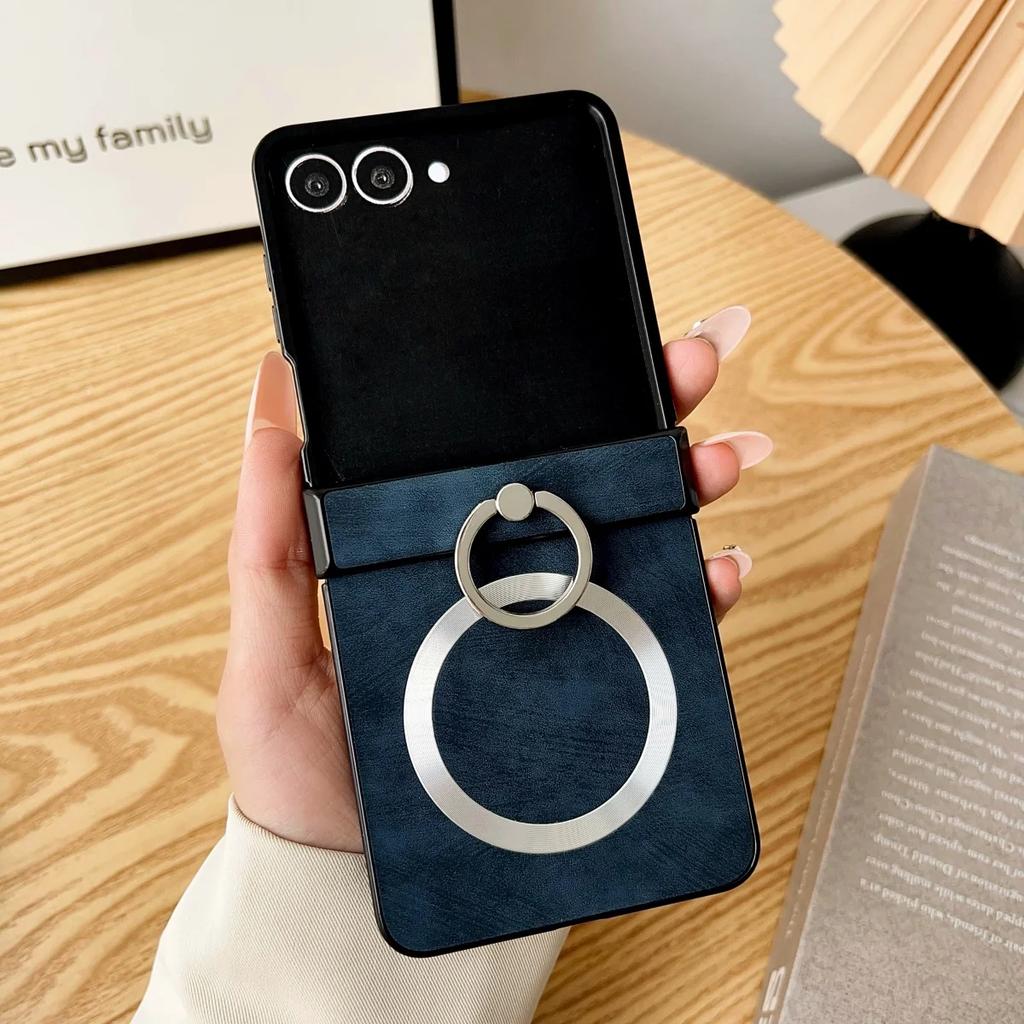 Luxury Business Sle Leather Metal Finger Ring Holder for Magsafe Magnetic Phone Case for Samsung Z Flip 7 6 5 4 3 Protect Cover