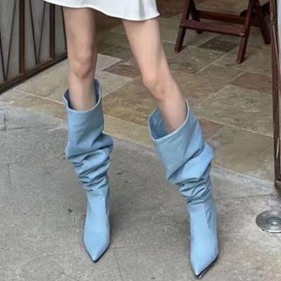 Wide Tube Big Tube Circumference Denim Stacking Boots Women's Summer 2025 New Pointed High Heel Boots Thin Heel High Boots
