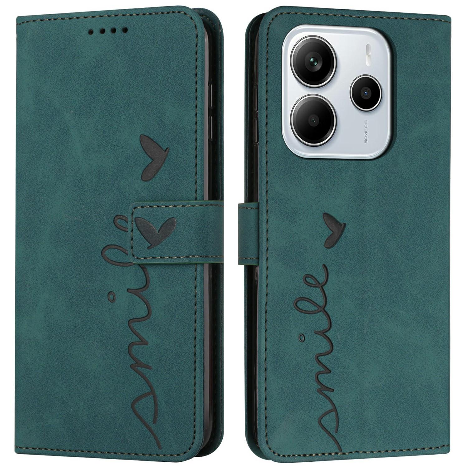

For Xiaomi Redmi Note 14 4G (164.84x78.15x8.16mm) Case Viewing Stand PU Leather Phone Cover Imprinted Heart Pattern Green