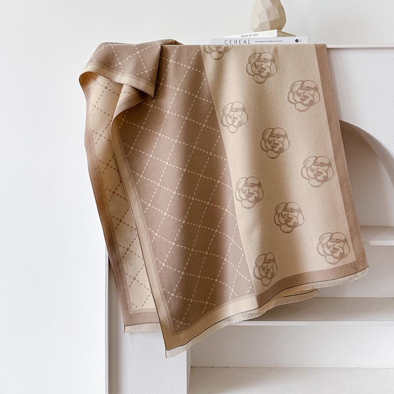 Autumn And Winter Stripe Plaid Camellia Contrasting Double-Sided Scarf Winter Luxury Shawl