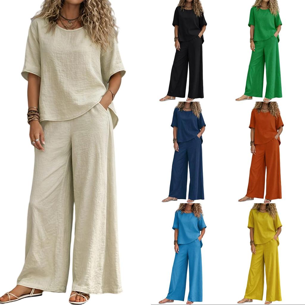 Women's Two Piece Casual Lounge Set Short Sleeve Loose Top Wide Leg Pants Lightweight Soft Fabric Comfortable Fit Summer Outfit
