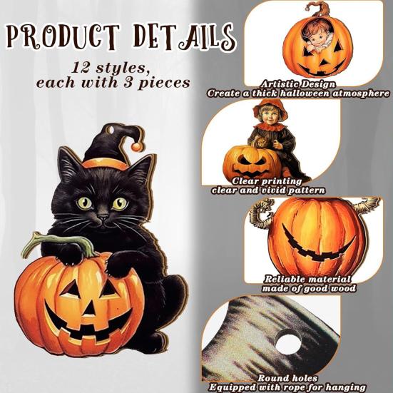 Halloweenská dřevěná ozdoba na stromek Vintage závěsná dekorace Dýně Čarodějnice Černá kočka Dřevěné výřezy pro Halloweenskou domácí párty dekoraci