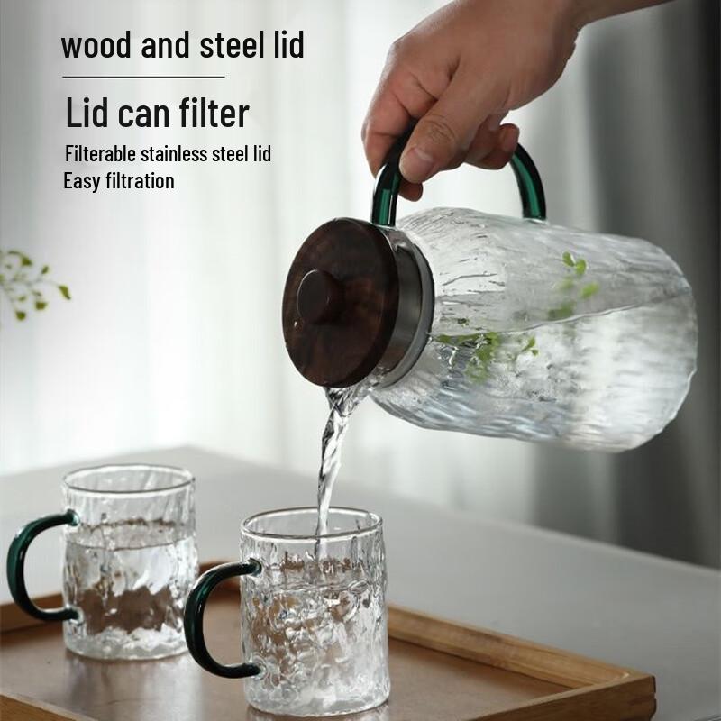 Tree Bark Pattern Glass Pitcher Set with Green Handle 1 Pitcher, 2 Cups