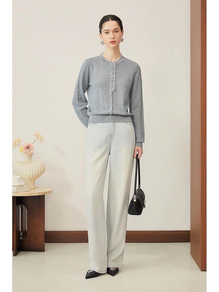2025 Autumn High-End Ladies Knit Sweater with Ruffle Trim Long Sleeves
