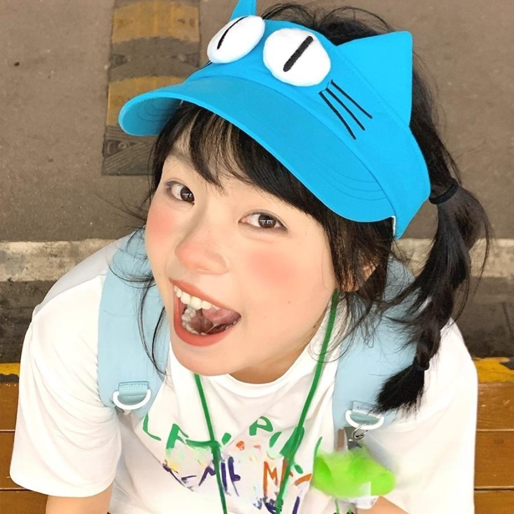 Adorable Kitty Hollow Hat Sun Protection Cat Ears Sun Hat Fashion Big Eyes Cat Visor Cap  Outdoor
