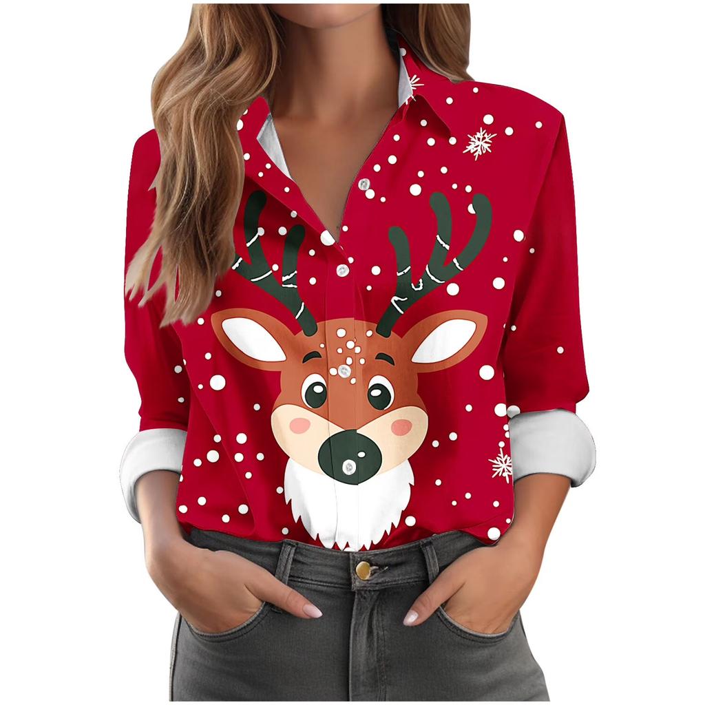 Women's Christmas Long-sleeved Button-down Lapel Shirt, Fashionable Holiday Santa Claus Elements, Cute Festive Party Shirt