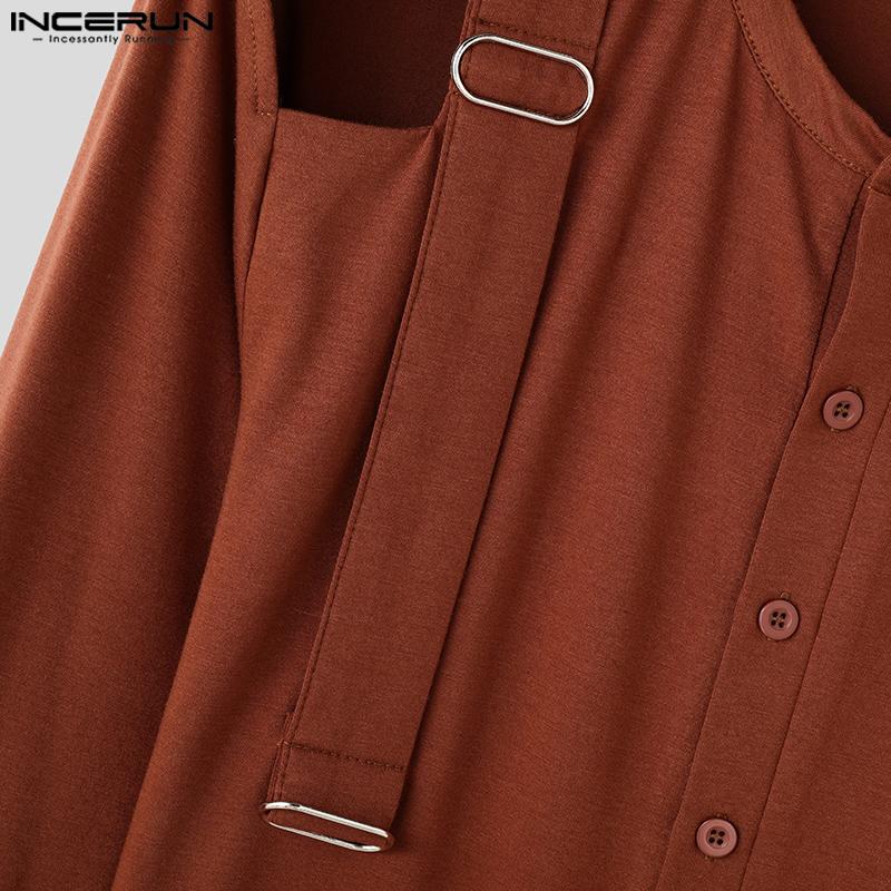 INCERUN Men's Cutout Long Sleeve Strap Patchwork Buttons Casual T-shirts Tops Undershirts