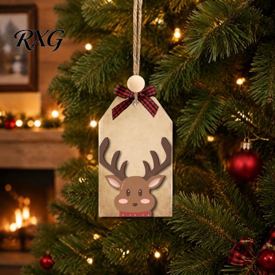 Natural Pine Wood Decor Christmas Wooden Hanging Ornaments, 2D Snowman Reindeer Clown Figure Rustic Party Supplies Pendant Decorations, Farmhouse