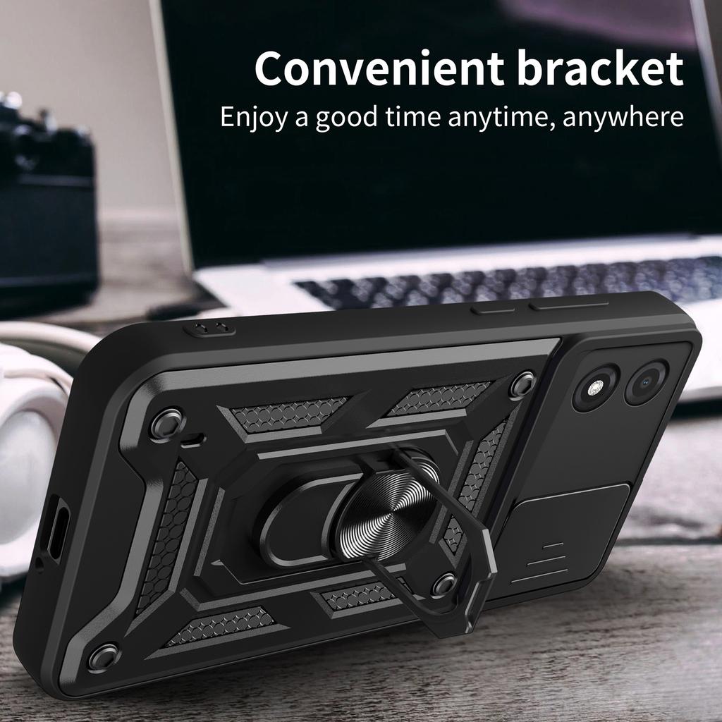 For Motorola Moto E13 4G Kickstand Slide Push Pull Camera Lens Protection Cover PC+TPU Mobile Phone Case