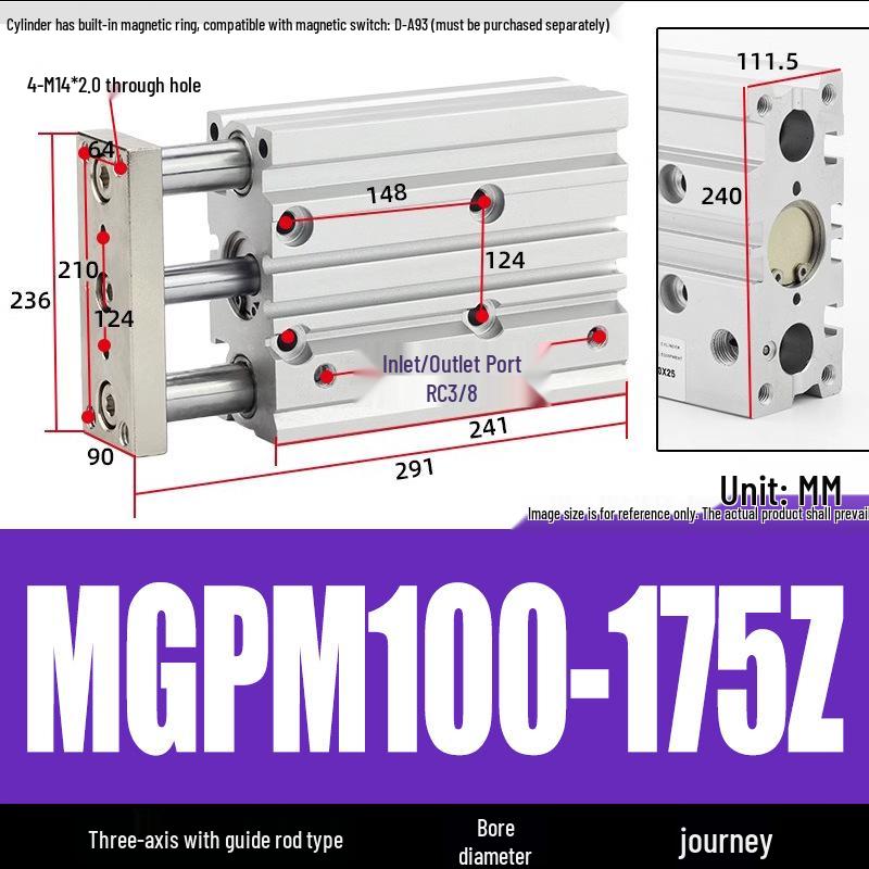 Compact Three-Axis Pneumatic Guided Rod Cylinder 12/16/20/25/32-10/20/40/50/75z