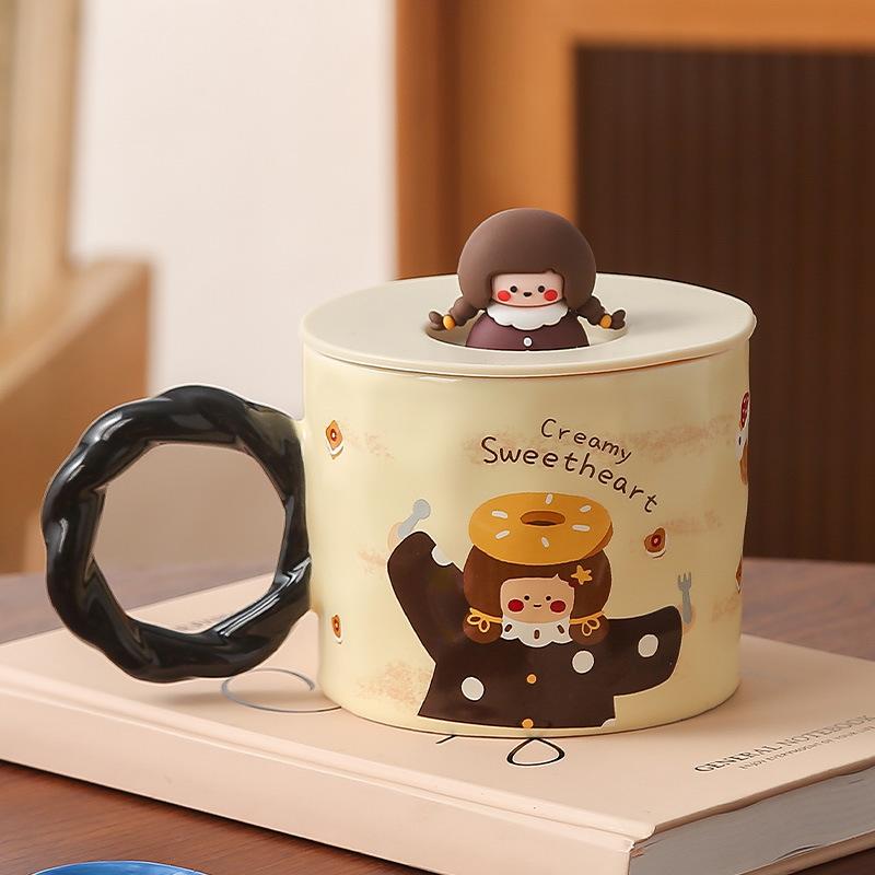 Retro Girl Ceramic Mug with Lid High looking Couple Water Cup Couple Home Breakfast Coffee Cup Boy
