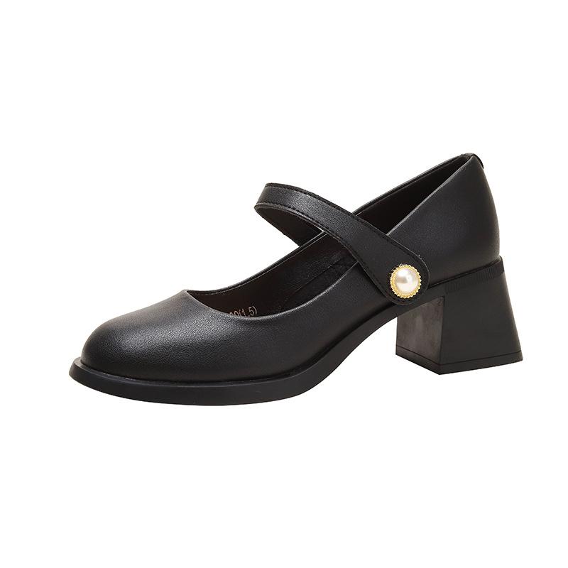 Genuine Leather Women High Heel Shoes Mary Jane  Chunky Heeled Shoes Women Spring Luxury Party Wedding Ladies Shoes