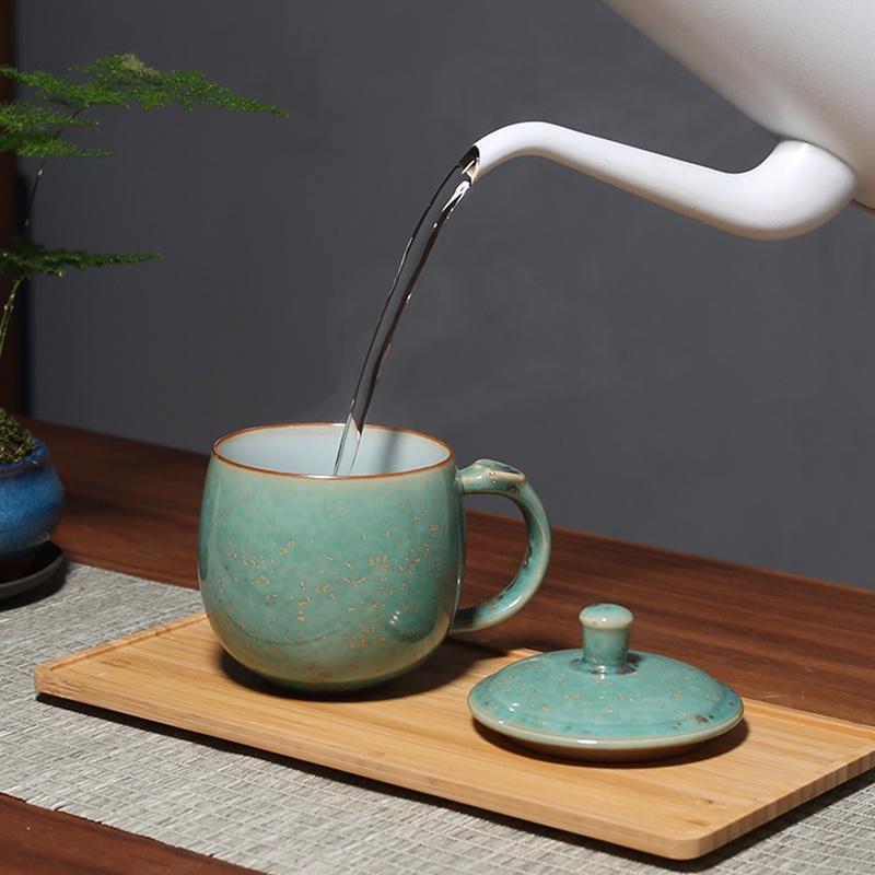 200ml Green Glaze Kiln Change Ceramic Mug with Lid Water Cup Coffee Cup