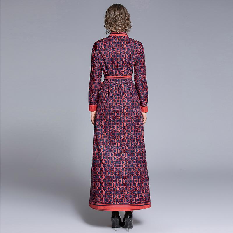 Vår Høst Motemerkedesigner Runway Letters Print Rød Vintage Maxikjole Kvinner Turn Down Krage Langermet belte Snøring Festkjoler