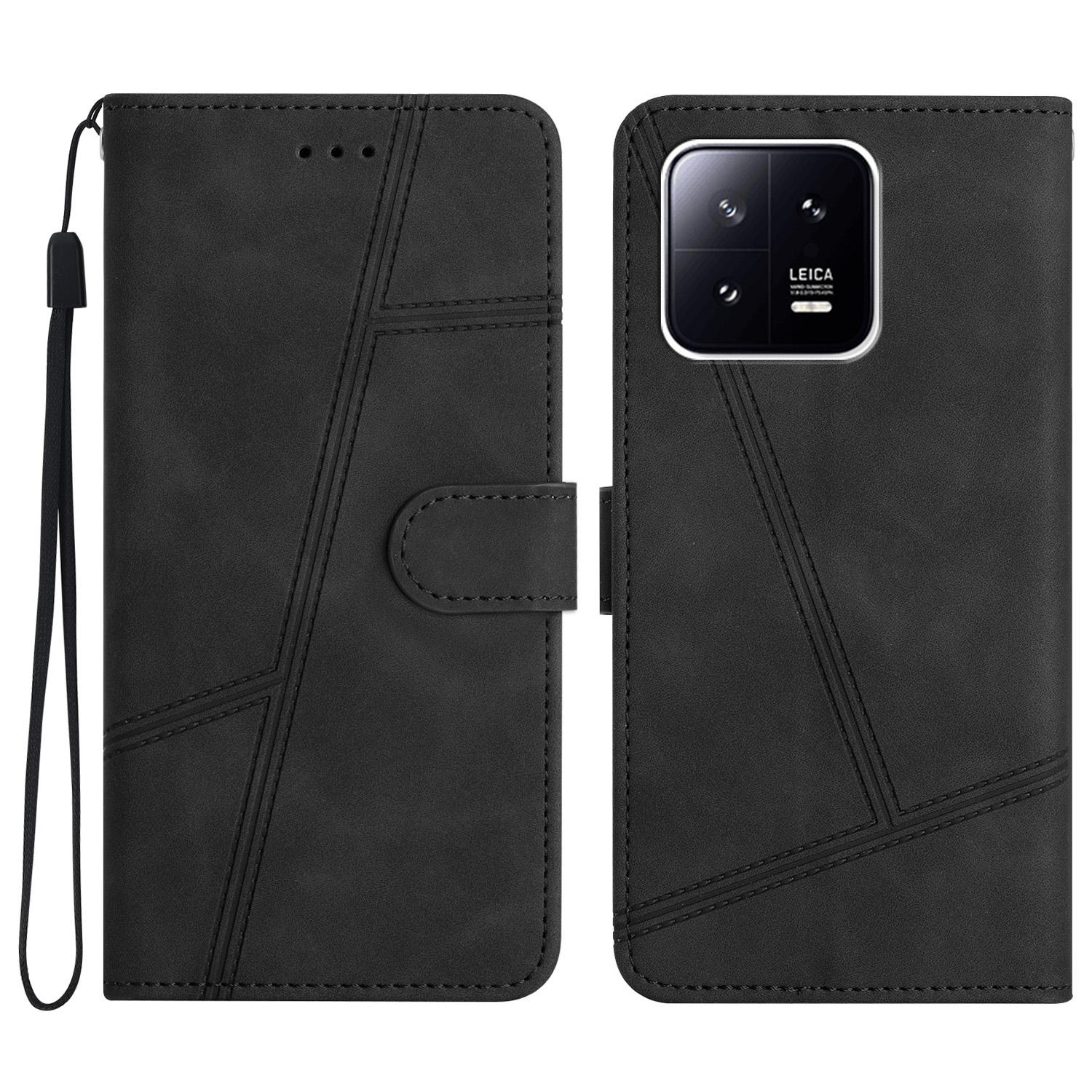 

For Xiaomi 13 5G Anti-drop Imprinted Line Cover PU Leather Skin-touch Phone Shell with Wallet Stand Black