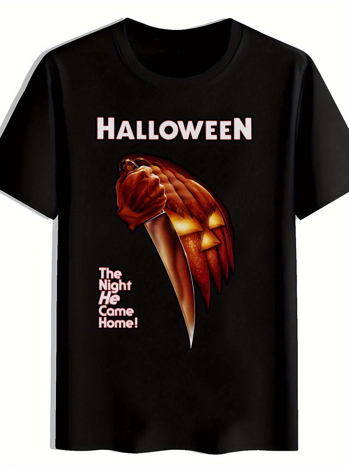 Halloween Graphic T-shirt - Spooky Pumpkin & Knife Design with Bold Red Text S