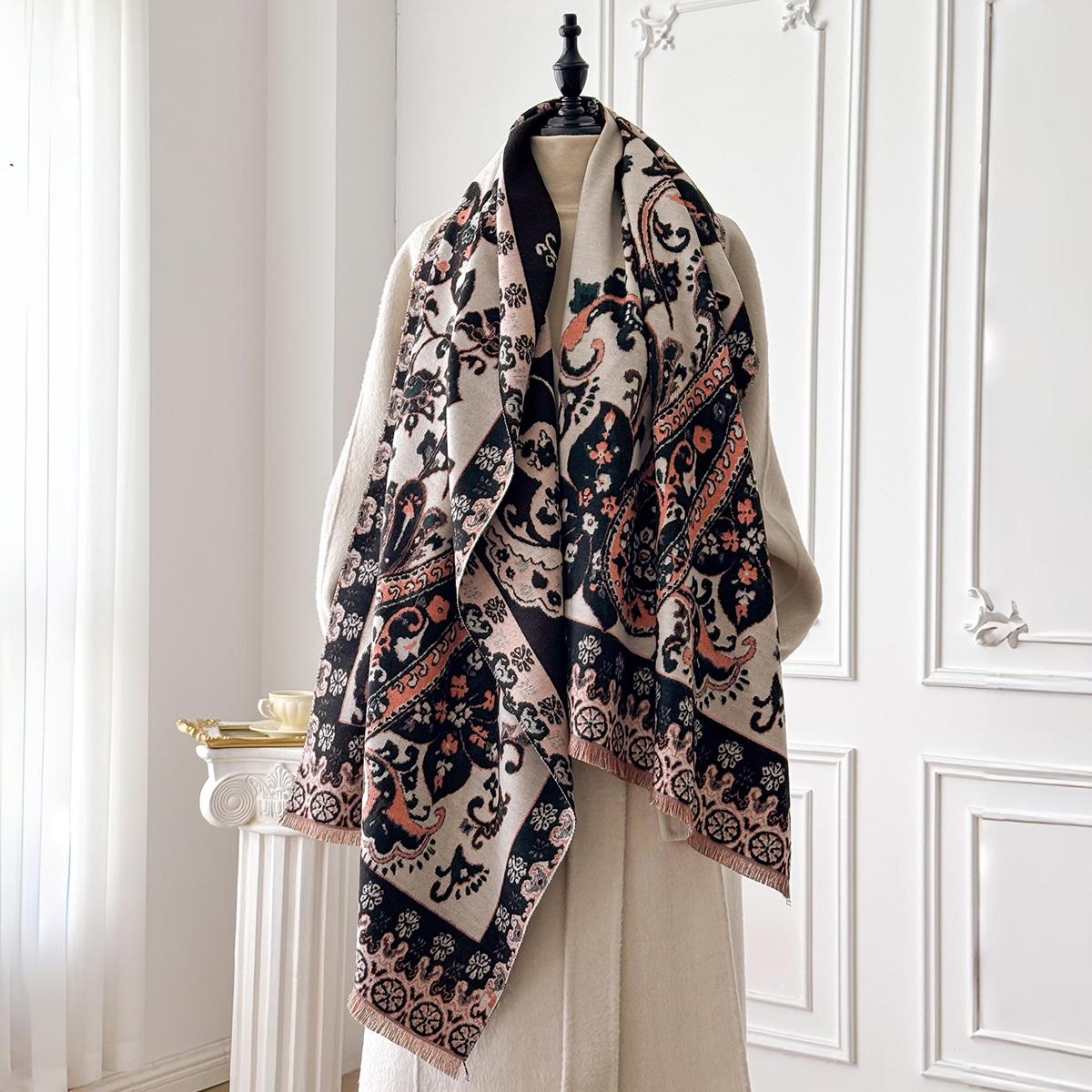 Modischer Winter-Kaschmirschal für Damen - Fransen-Blumenmuster-Pashmina-Schal, Dicke warme Wickeldecke & Poncho gray