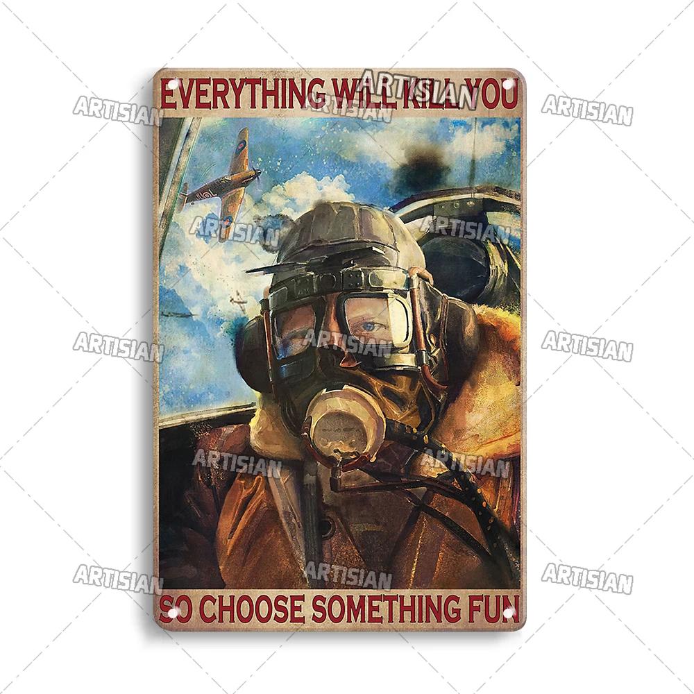 ARTISIAN Male Pilot And Airplane Decorative Plate Vintage Metal Poster Man Cave Home Wall Decor Sign Retro Wall Metal Tin Sign