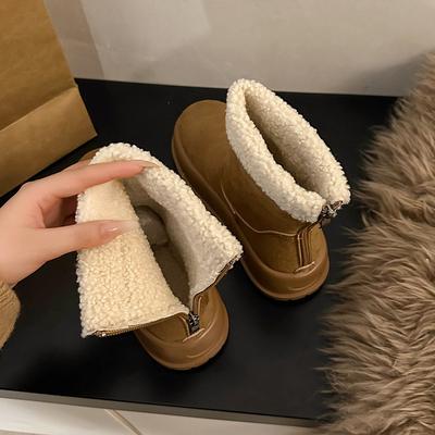 Retro Brown Lamb Wool Round Head Thick-soled Snow Boots Women's Winter New Velvet Thickened Cotton Shoes