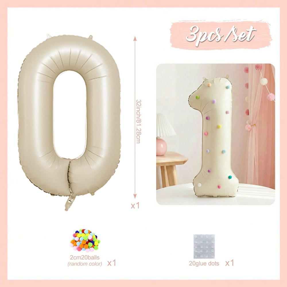 32 Inch Aluminum Foil Balloons, Milky White Numbers 0-9 for Birthday Party Decoration, 20 Plush Balls for Celebrating Birthdays