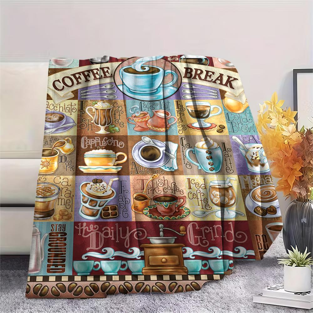 1Pc Coffee Print Flannel Blanket, High quality Comfortable for All Seasons, Home Decor, Warmth and Comfort, Perfect for Gifts