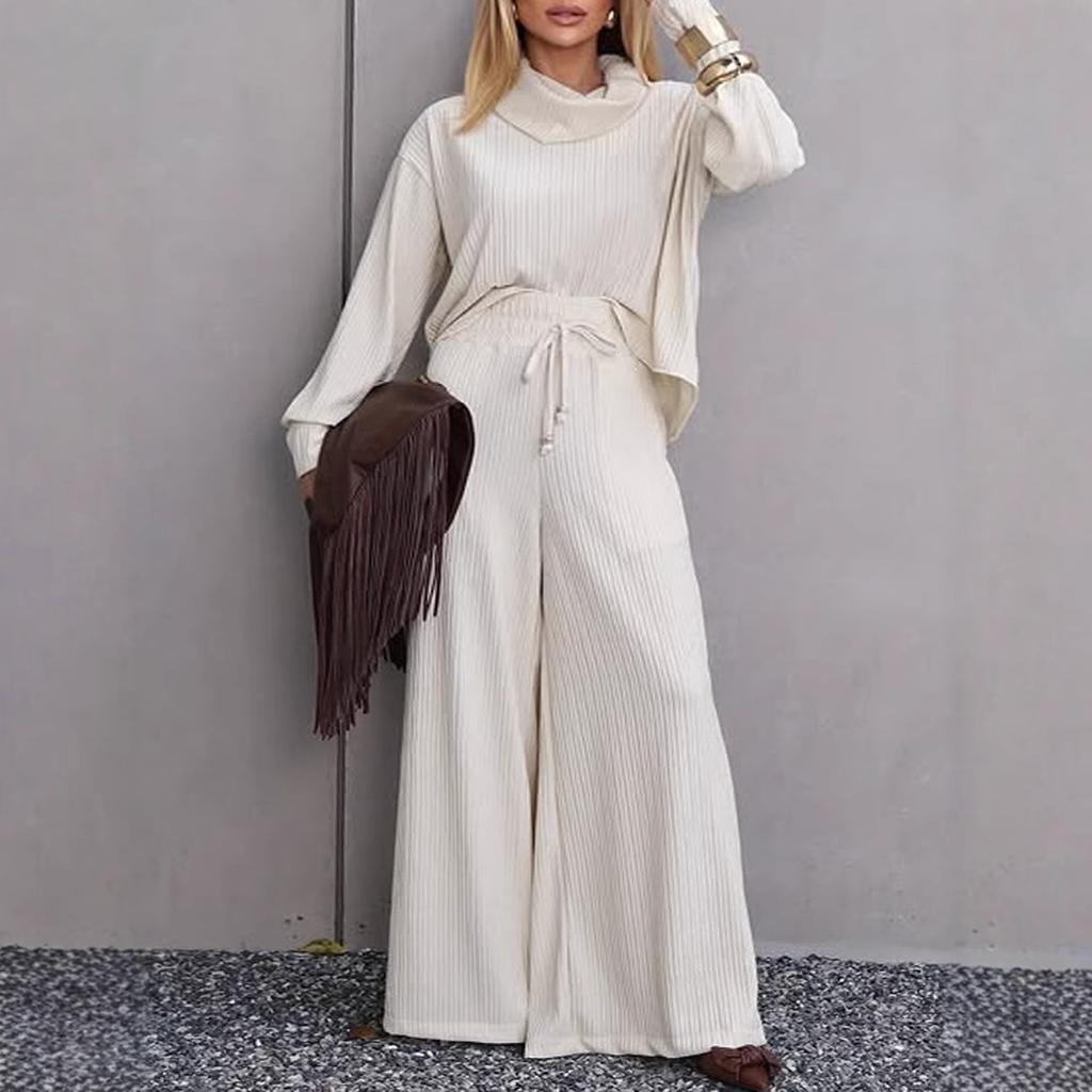 New women's elegant temperament stacked collar long-sleeved top wide-leg pants set