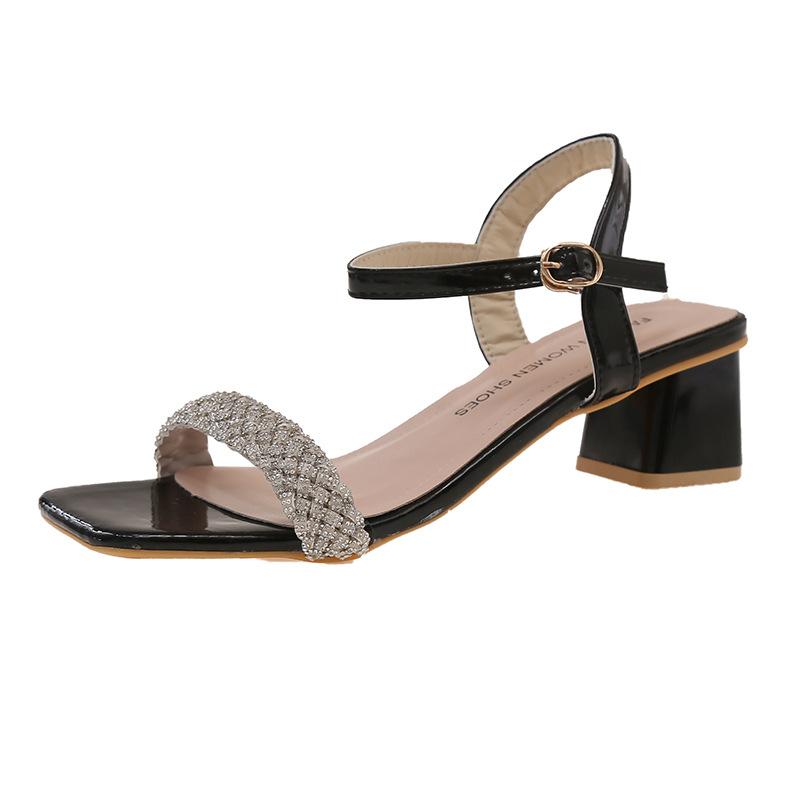 Fairy Feng Shui Diamond Coarse Heel Sandals Women's Summer 2025 New Versatile One-word Belt Temperament Medium Heel French Women's Sandals