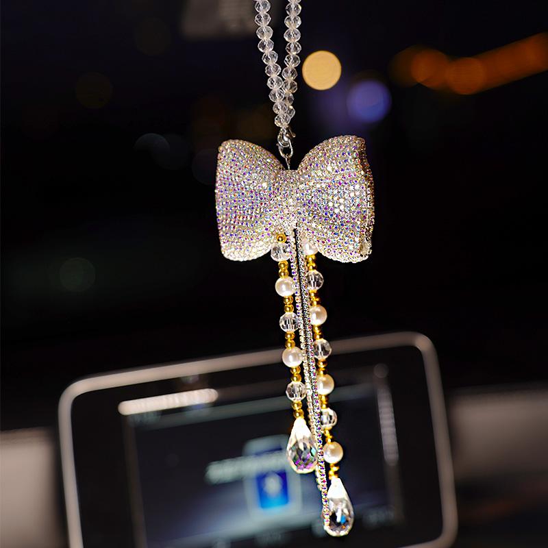 Bowknot Car Pendant Cute Crystal Tassels Chain Rearview Mirror Ornament Pearl Rhinestone Car Accessories белый