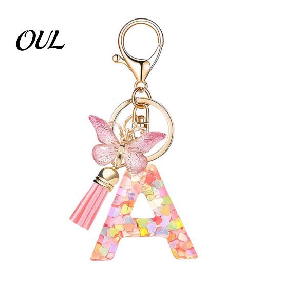 Kompaktes Schlüsselanhänger-Anhänger in Rosa-Serie, Pailletten Herz Initialen-Buchstaben-Anhänger Schlüsselkette mit tragbarem Schmetterlings-Quasten-Design, A-Z Halter für Tasche
