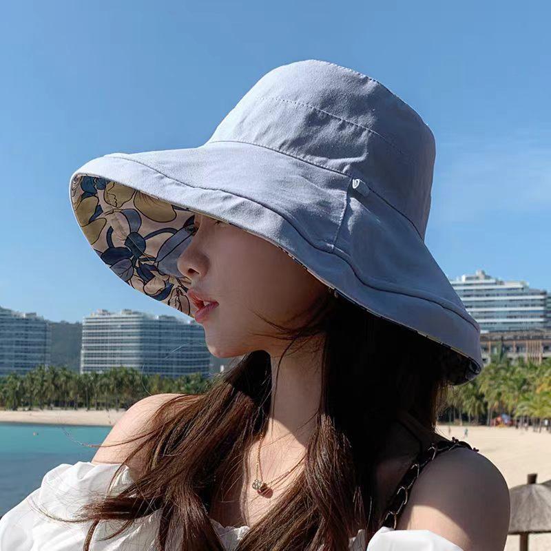 New bucket hat women's summer double-sided large brim sunshade sun protection hat face protection UV sun hat