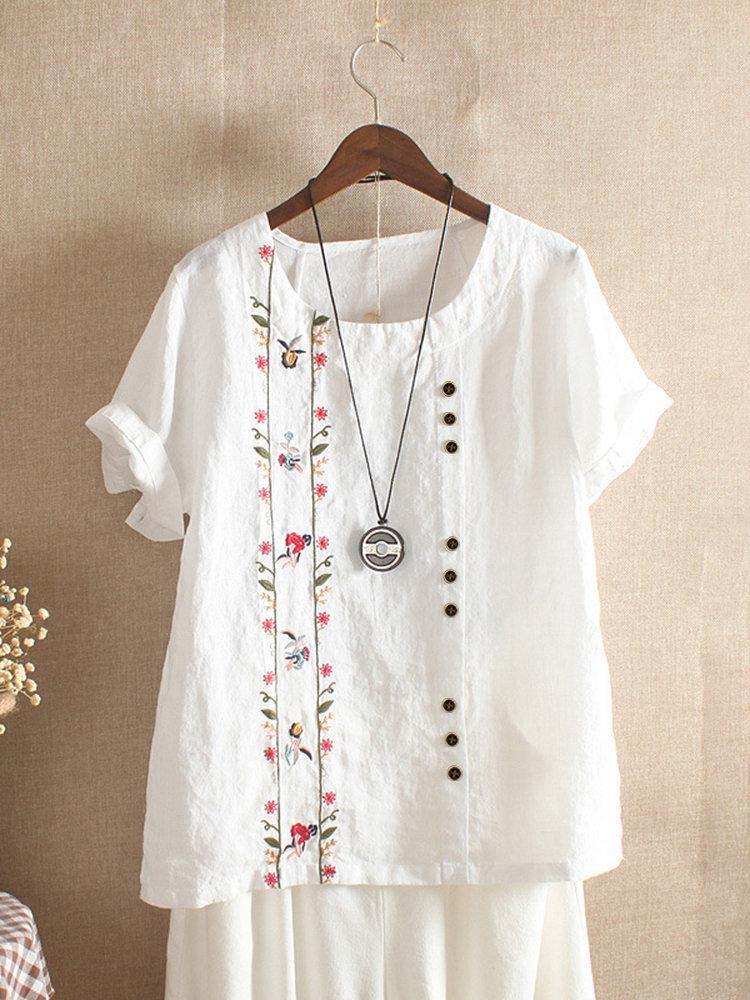Women's Retro Cotton Linen Embroidered Short Sleeve Casual Shirt, 2022